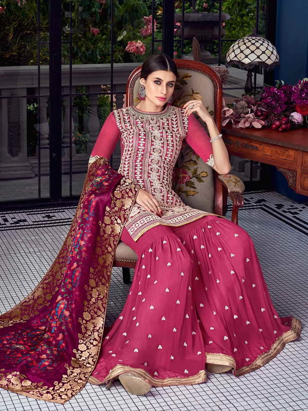 Deep Pink Multi Embroidered Lucknowi Sharara Palazzo Suit
